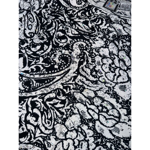 Take Two Sequined Black And White Top, Floral Print, 3/4 Sleeve Tee Shirt, Y2K M - Picture 3 of 6